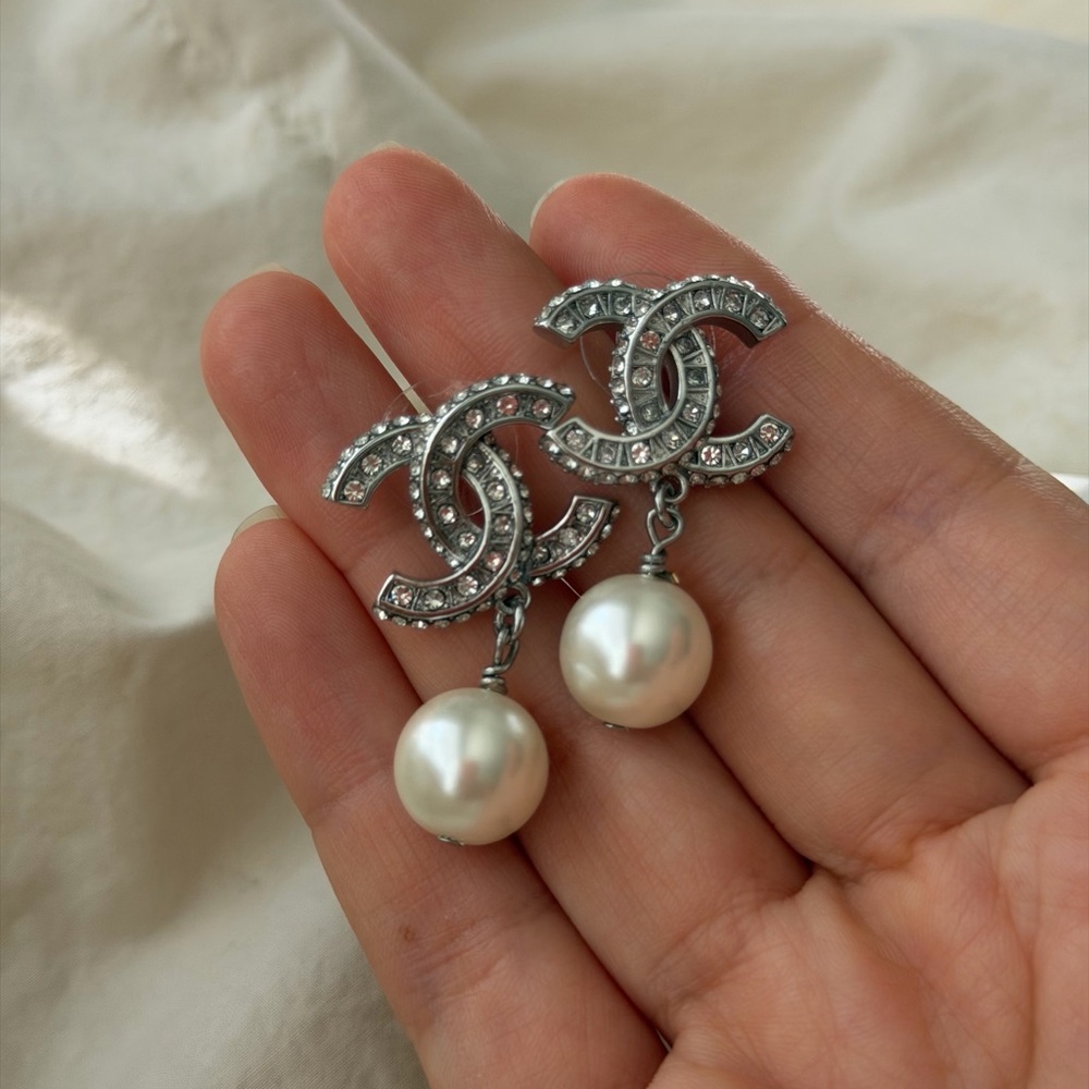 CHANEL Silver Crystal CC Logo Drop Earrings with White Pearls - Picture 12 of 13
